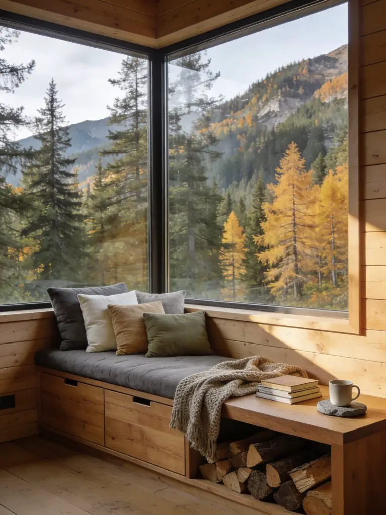 A serene rustic modern cabin reading nook positioned beside a massive panoramic picture window that frames a forested mountain landscape in.