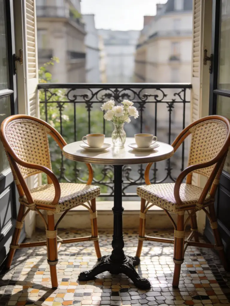 A charming small balcony design for apartments inspired by classic Parisian bistro style.