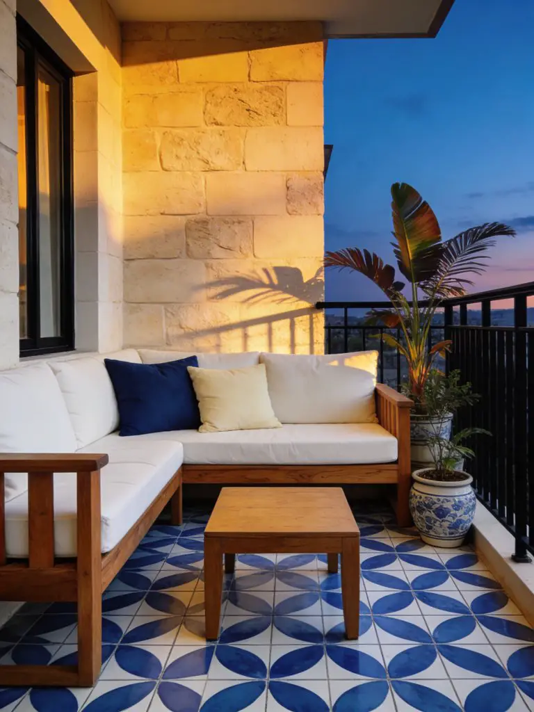 A vibrant small balcony design for apartments styled as a cozy outdoor lounge with decorative patterned tile flooring.