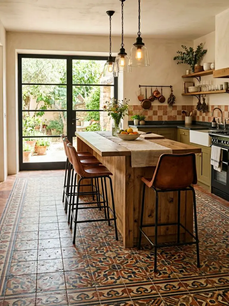 A warm rustic kitchen featuring patterned vintage tile flooring in terracotta, muted navy, and aged cream tones arranged in intricate geomet.