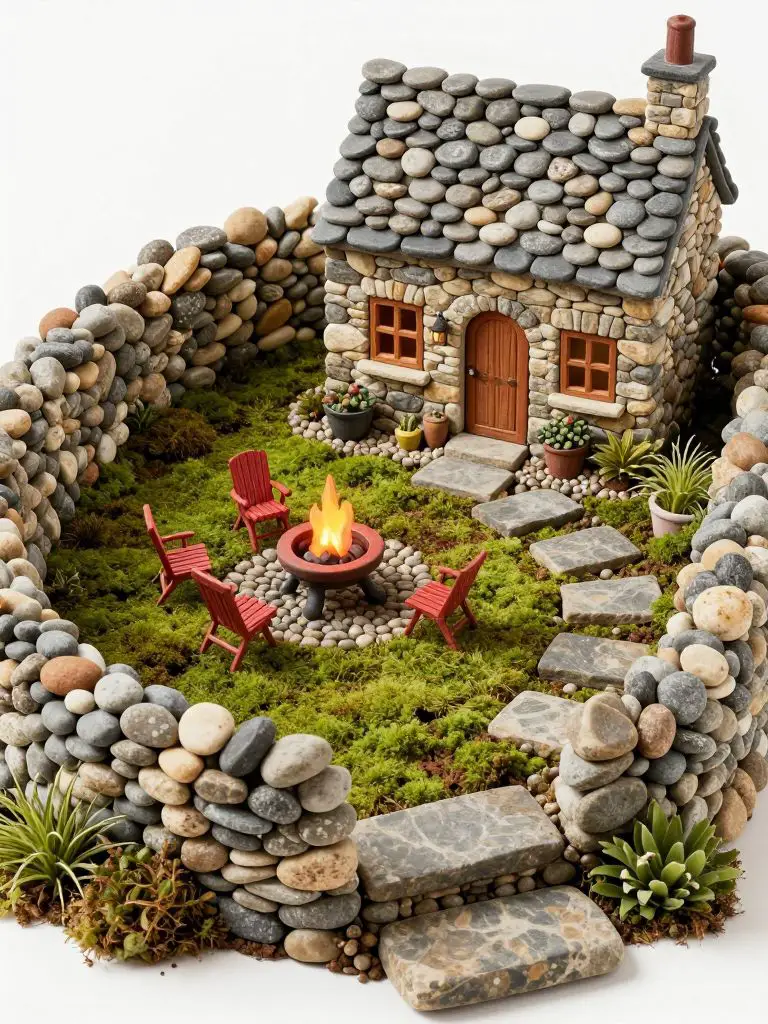 Create a pebble cottage fairy yard featuring a tiny stone house, moss lawn, and miniature fire pit seating area.