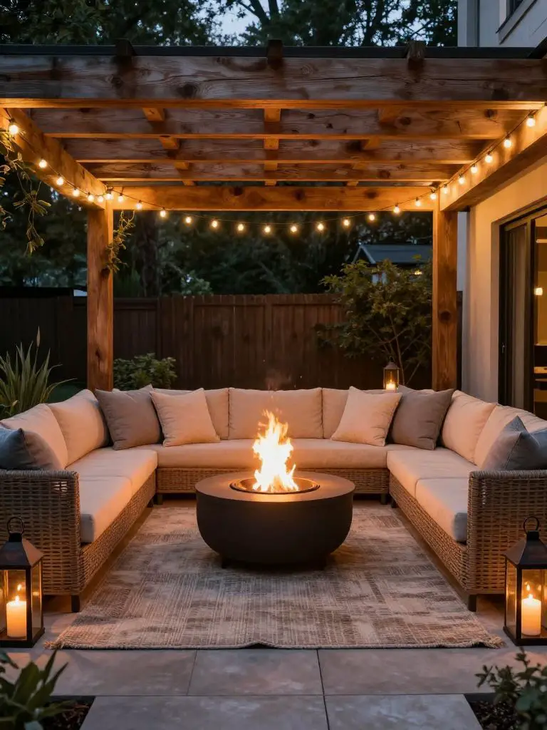 Design a pergola-covered backyard lounge featuring a central round fire pit and cushioned outdoor sofas arranged symmetrically.