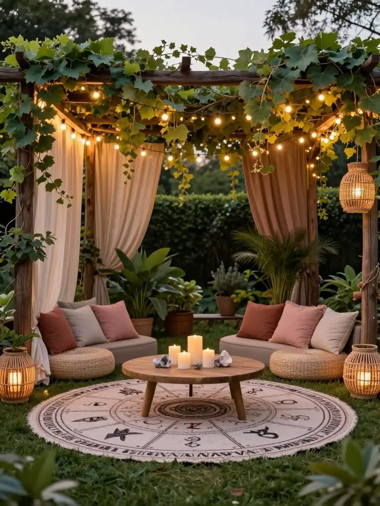 Create a pergola moon circle lounge in a witchy backyard using cottagecore and modern rustic design influences.