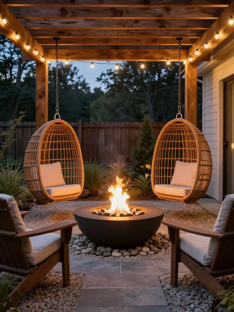 Create a pergola seating area featuring two suspended rattan egg chairs facing a circular fire pit.