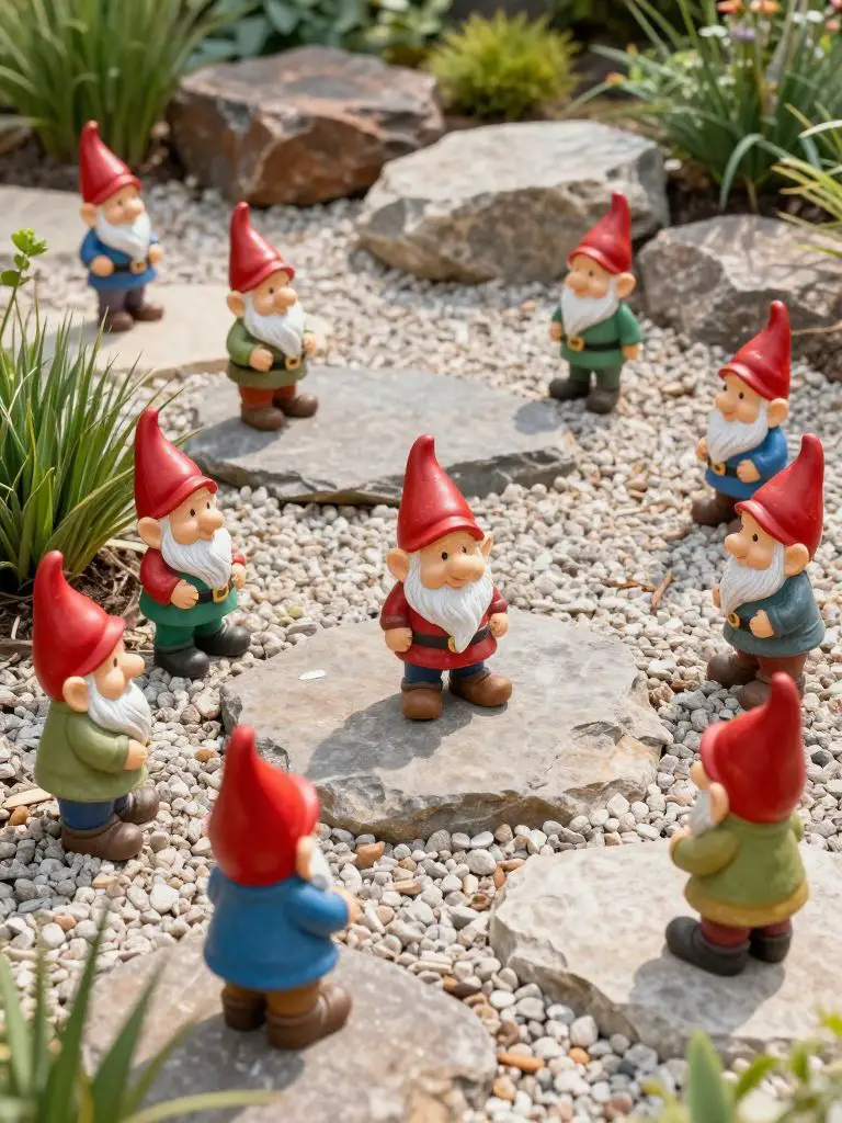 Design a lively gnome gathering displayed across natural rocks and gravel in a sunny garden bed.