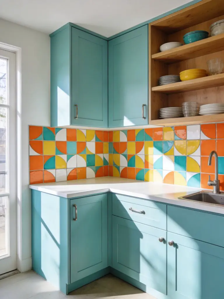 A compact L-shaped kitchen designed in a playful modern style featuring pastel teal cabinets and a vibrant abstract mosaic tile backsplash c.