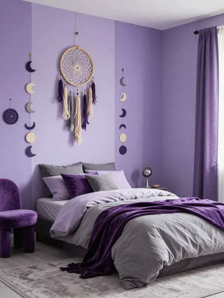 A playful witch bedroom featuring a soft purple palette and whimsical celestial decor.