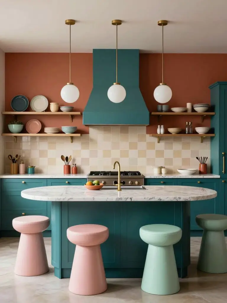 A retro-inspired modern colorful kitchen featuring bold color blocking with teal lower cabinets and terracotta upper walls in a playful cont.