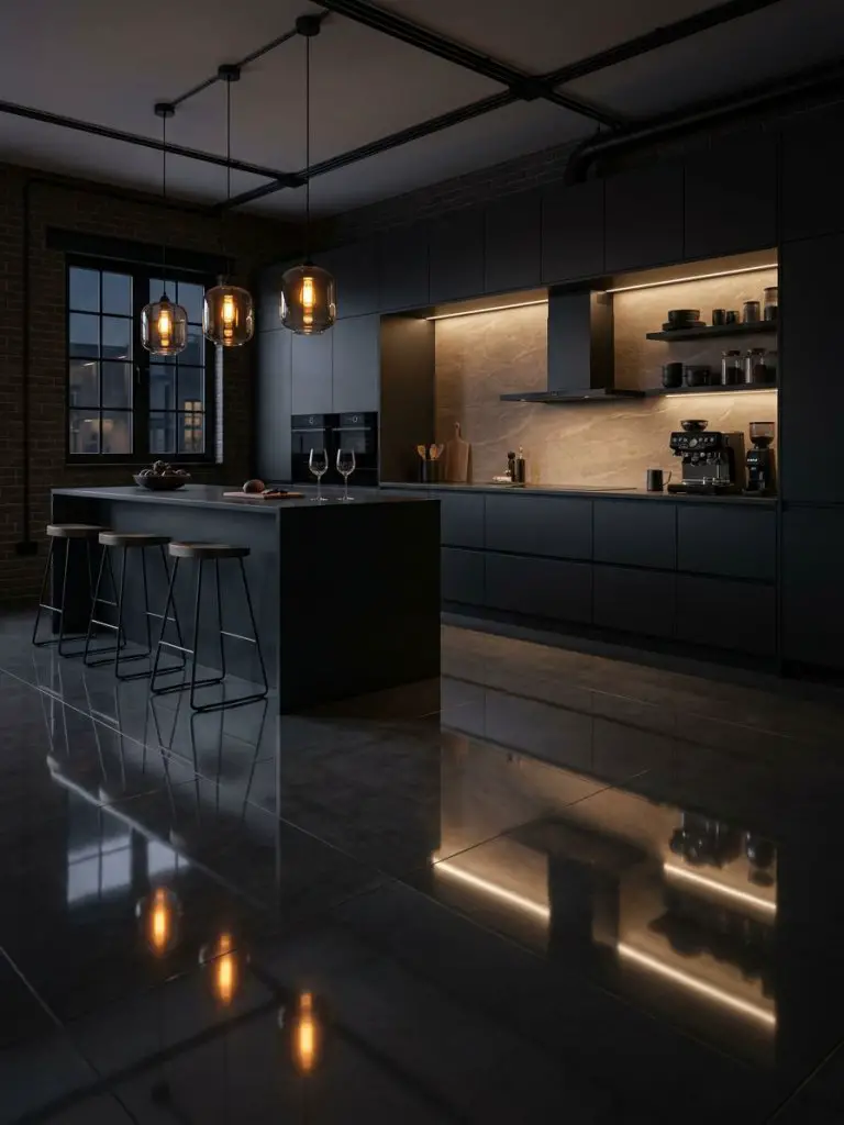 A dramatic contemporary kitchen featuring polished concrete-look tile flooring with a high-gloss finish reflecting warm ambient lighting.