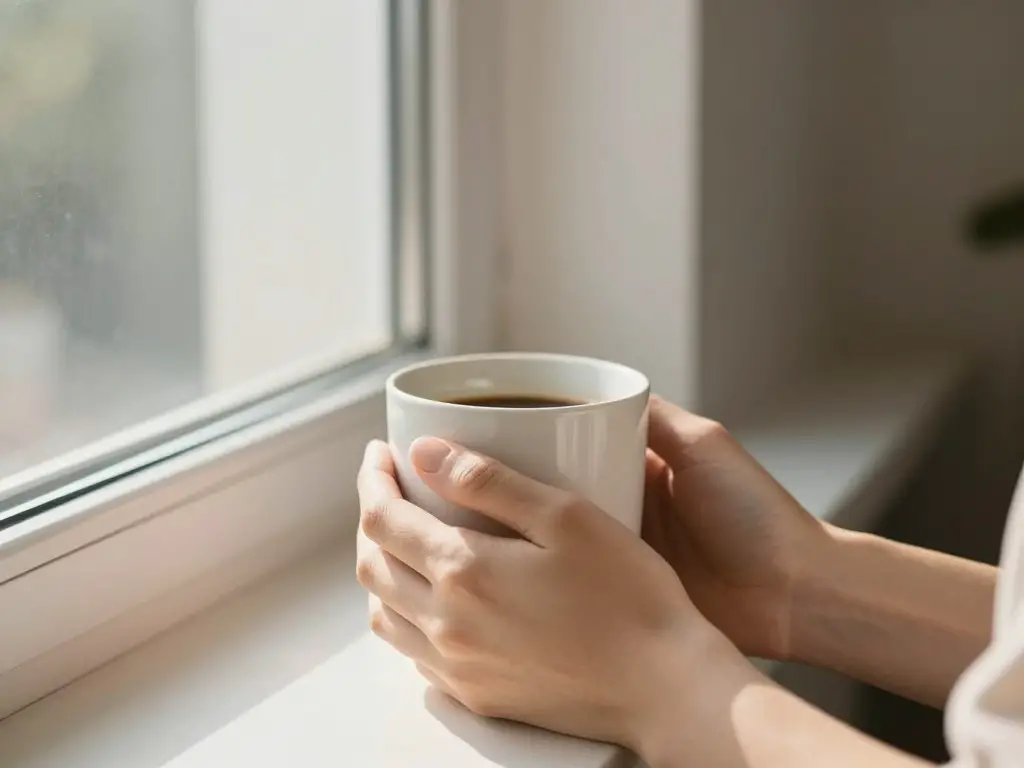 Hands holding a warm coffee mug in soft morning light by a window, peaceful and contemplative mood, minimalist home interior in background