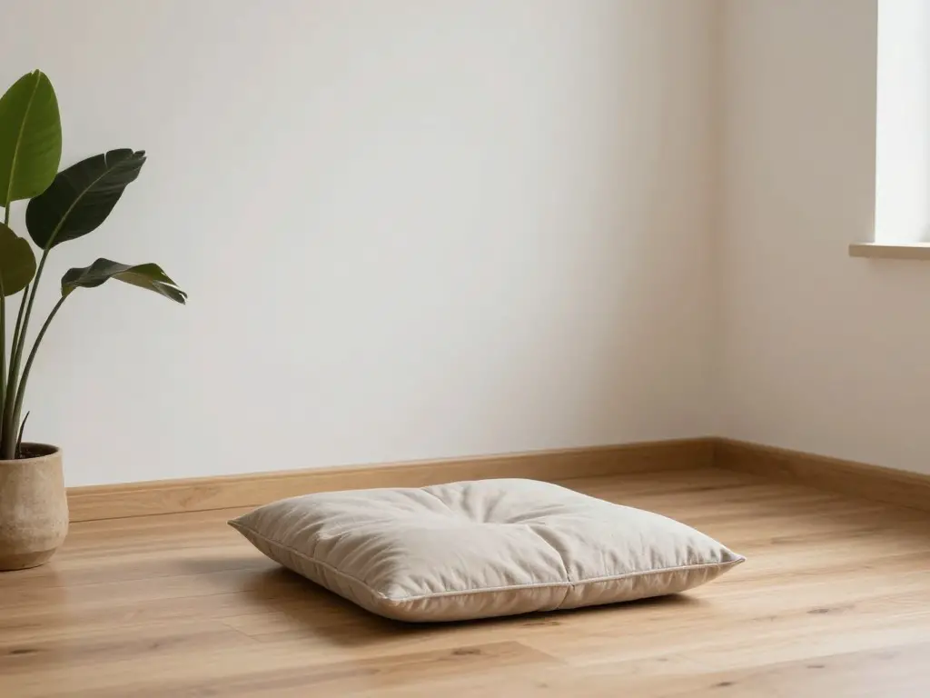 Peaceful meditation corner in a minimalist home with a simple cushion on wooden floor, , indoor plant in the corner, serene and calm