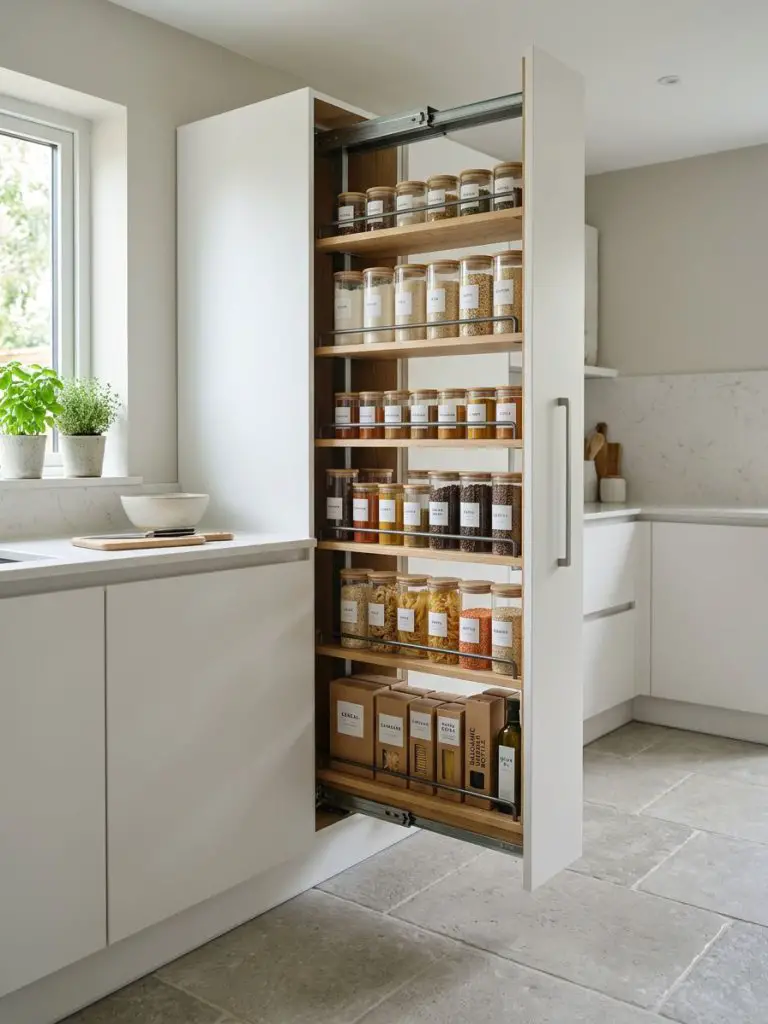 A tall pull-out pantry cabinet in a modern minimalist kitchen, designed for maximum storage efficiency in a small footprint.