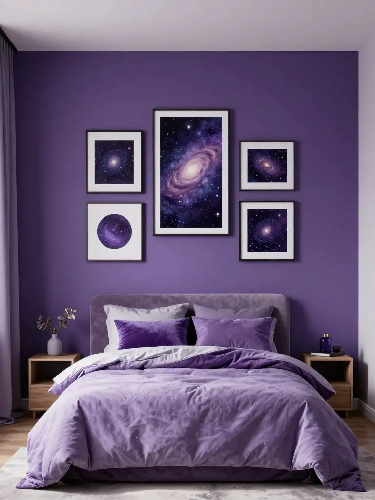 A purple celestial witch bedroom designed with a soft, modern mystical aesthetic.