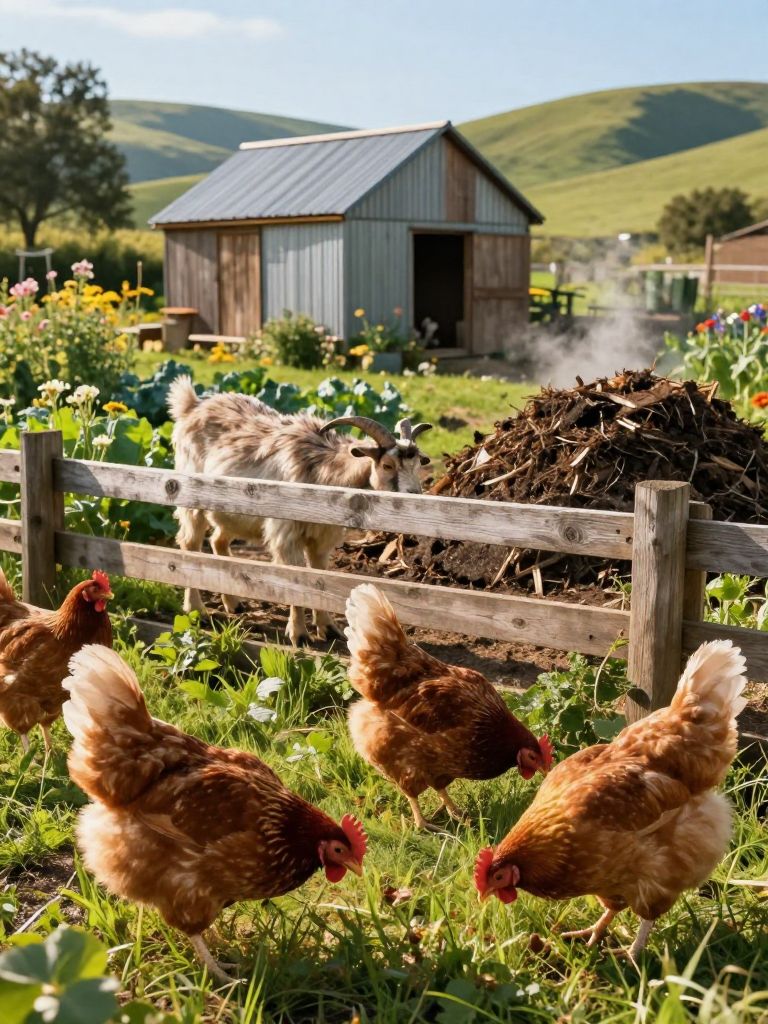 A sunny late morning scene on a small homestead, with the foreground focused on a group of heritage chickens pecking at the grass, their fea.