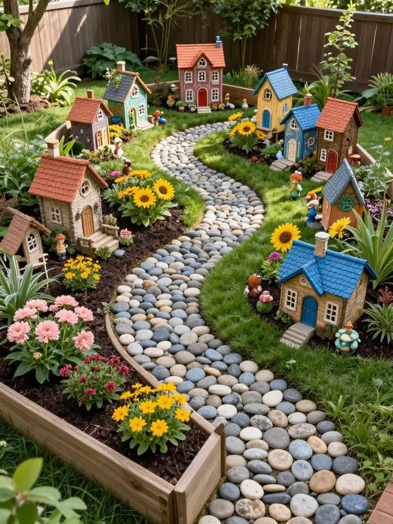 Create a large raised wooden garden bed transformed into a full fairy village layout.