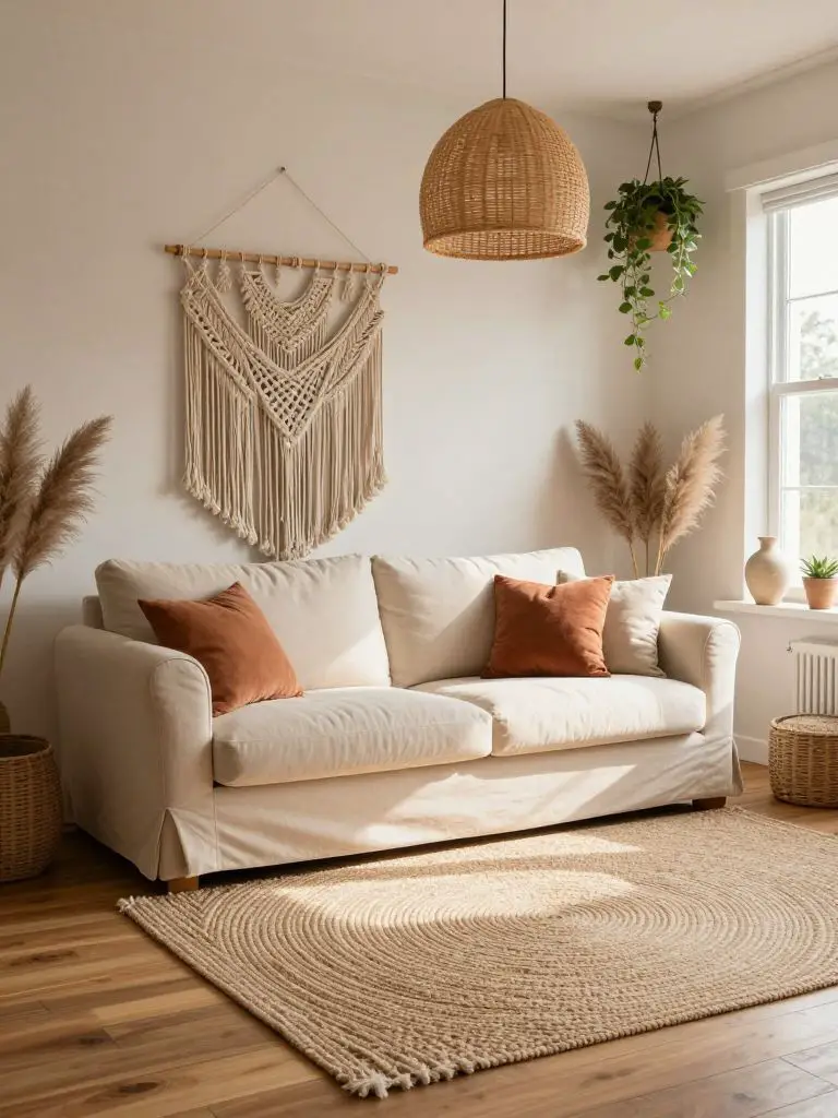 A relaxed cozy boho minimalist living room featuring layered natural textures and warm earthy accents.