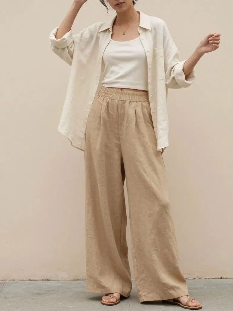 An outdoor street style scene capturing sustainable fashion outfit ideas with relaxed natural fabrics and minimalist styling.