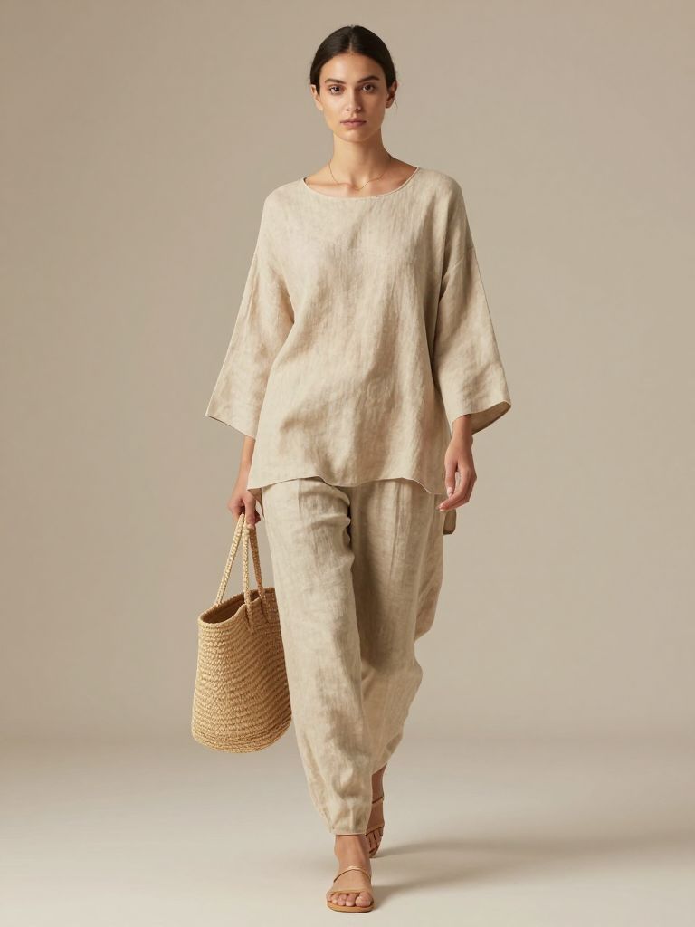 A minimalist studio fashion scene highlighting relaxed sustainable luxury fashion.