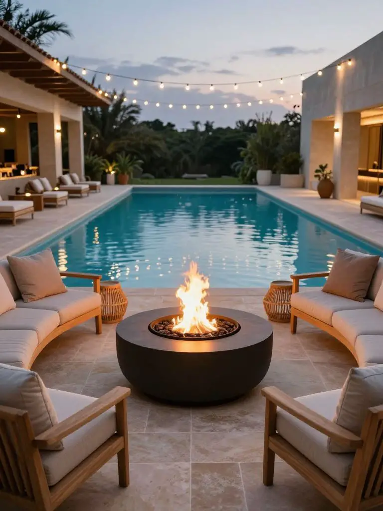 Create a resort-style poolside lounge with a circular fire pit in the foreground and a sleek rectangular pool stretching into the background.