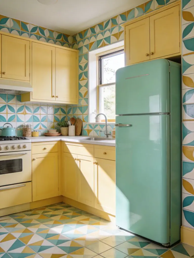 A retro-modern kitchen featuring geometric patterned tiles in soft mustard, teal, and cream tones, paired with pastel yellow cabinetry and a.