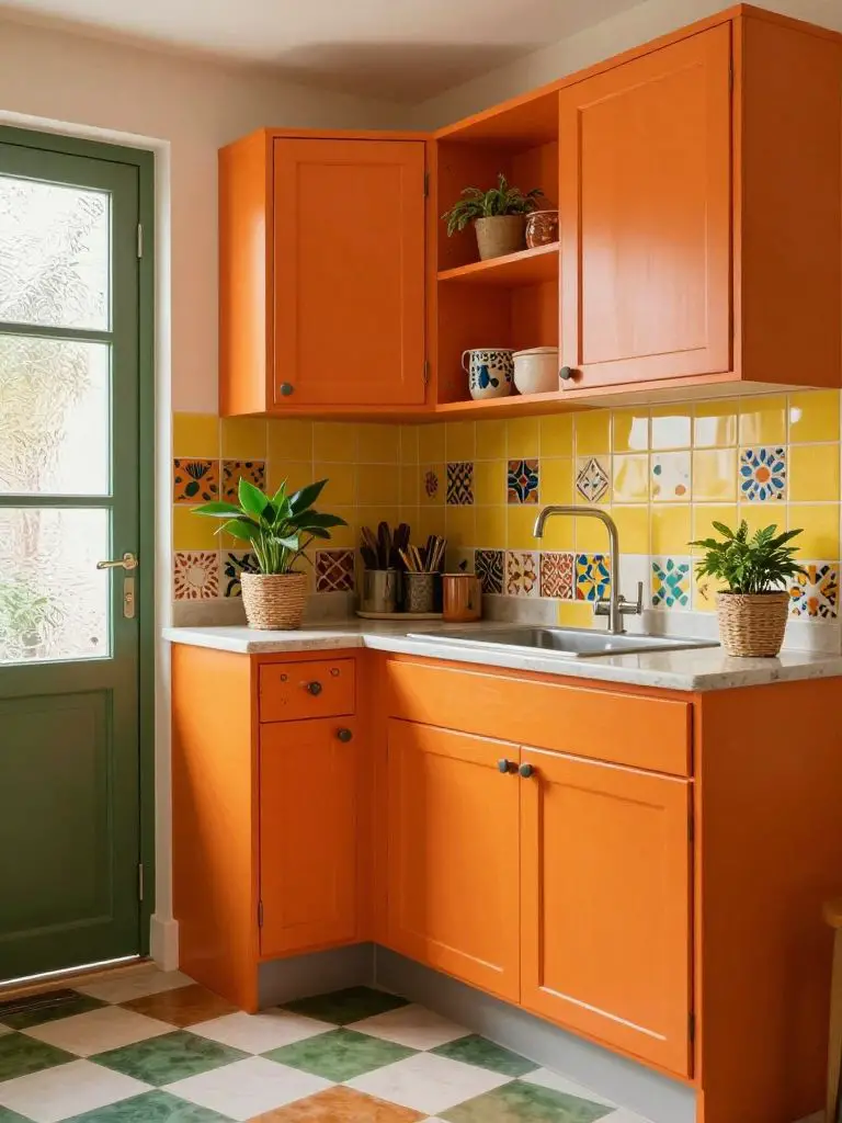 A retro-inspired colorful boho kitchen with bright orange cabinetry, checkerboard flooring, and playful patterned details.