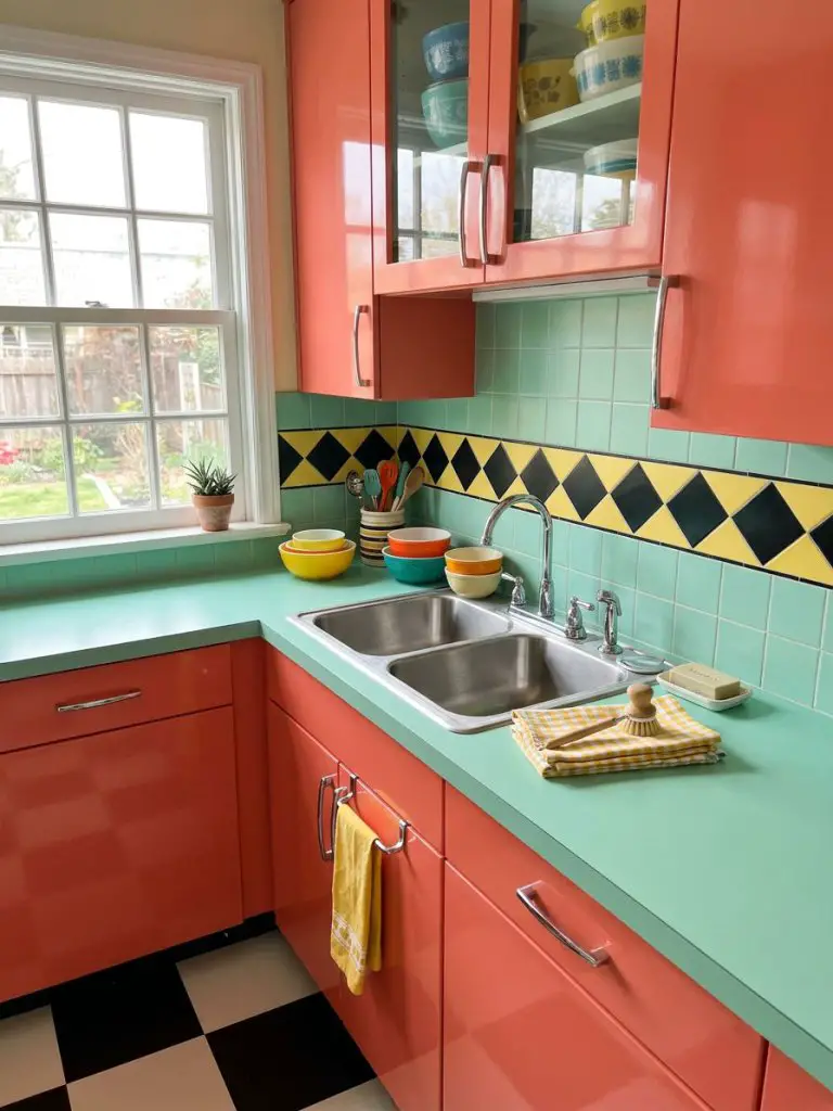 A retro-inspired kitchen with glossy coral cabinets paired with a mint green countertop and backsplash, creating a bold and nostalgic color.
