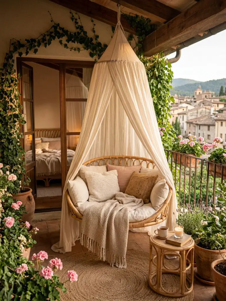 A romantic small bedroom balcony nook designed in soft bohemian and warm minimalist style.