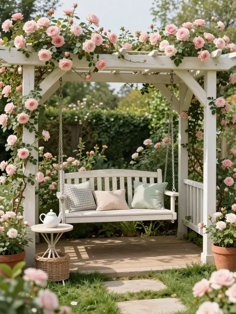 Design a romantic garden arbor with a suspended wooden bench swing surrounded by blooming roses.