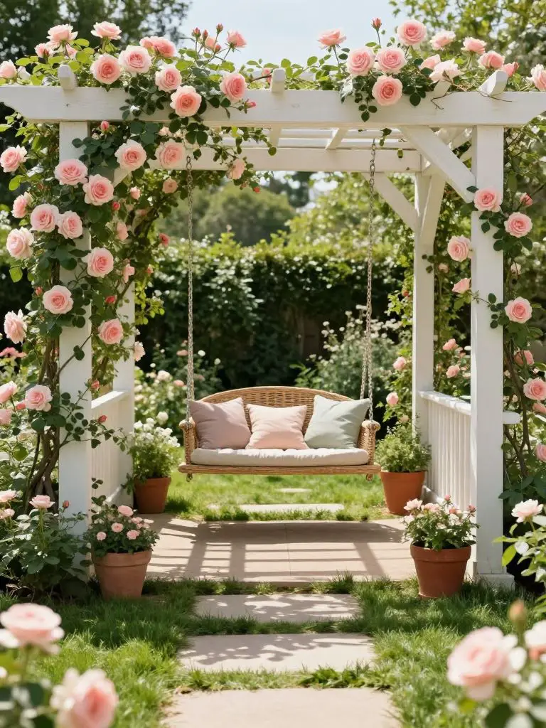 Create a romantic garden pergola featuring a suspended wooden swing surrounded by blooming blush roses.