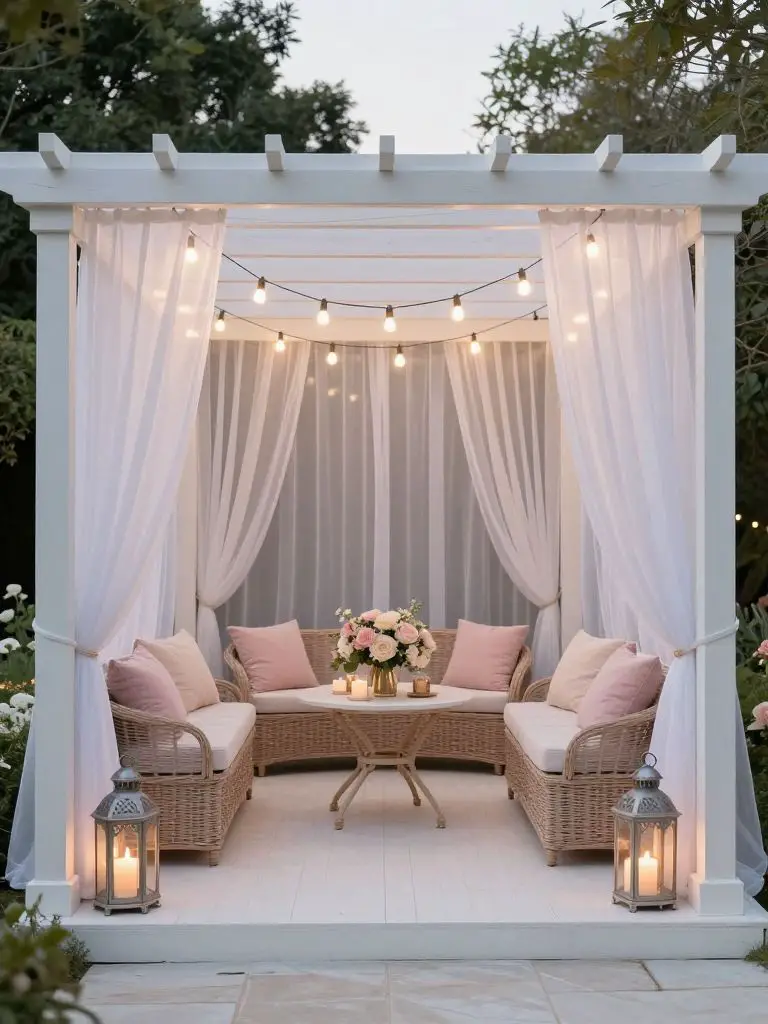 Design a romantic white pergola setup with sheer curtains and soft candle lanterns placed symmetrically.