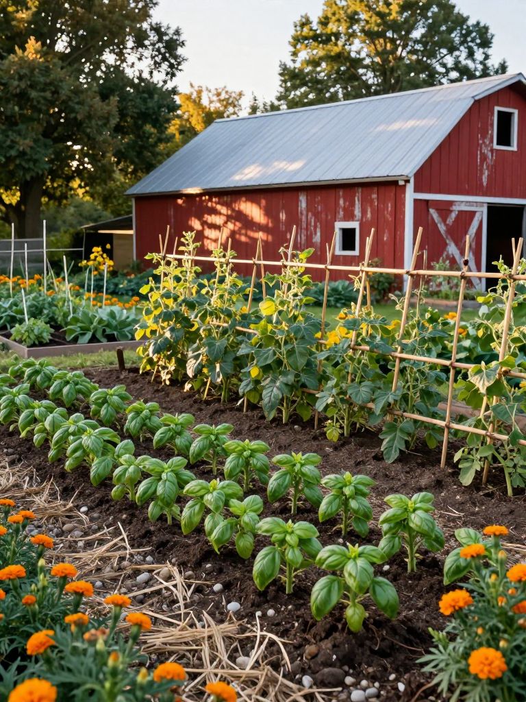A late afternoon scene in a vegetable garden, with a wide-angle view showing clearly labeled rows where tomatoes and basil are interplanted.