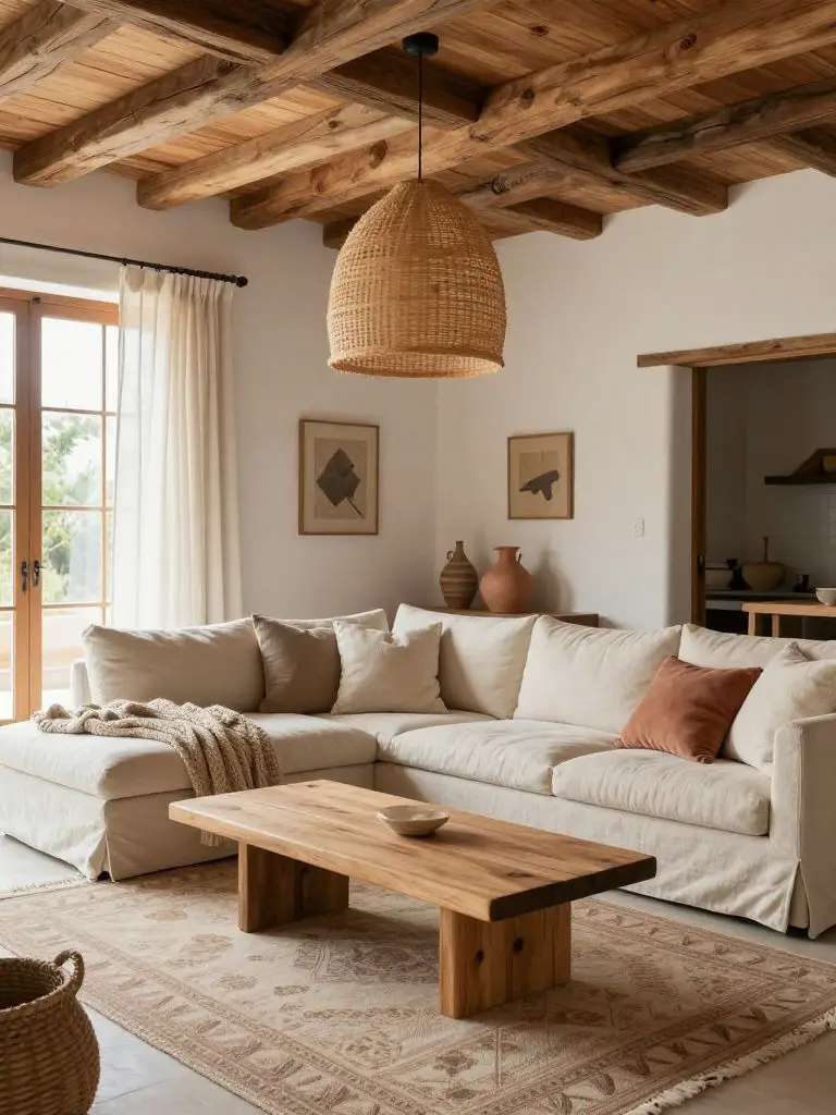 A rustic boho minimalist living room scene featuring exposed wooden ceiling beams that bring warmth and architectural character.