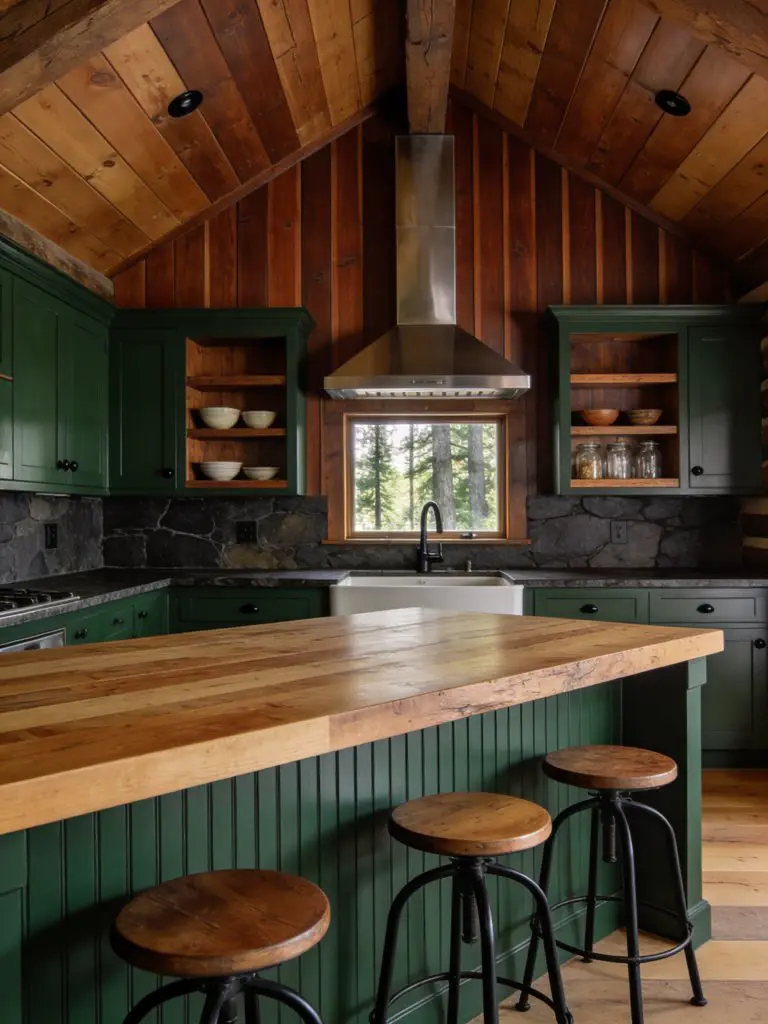 A rustic cabin kitchen that combines traditional lodge warmth with subtle modern design elements.