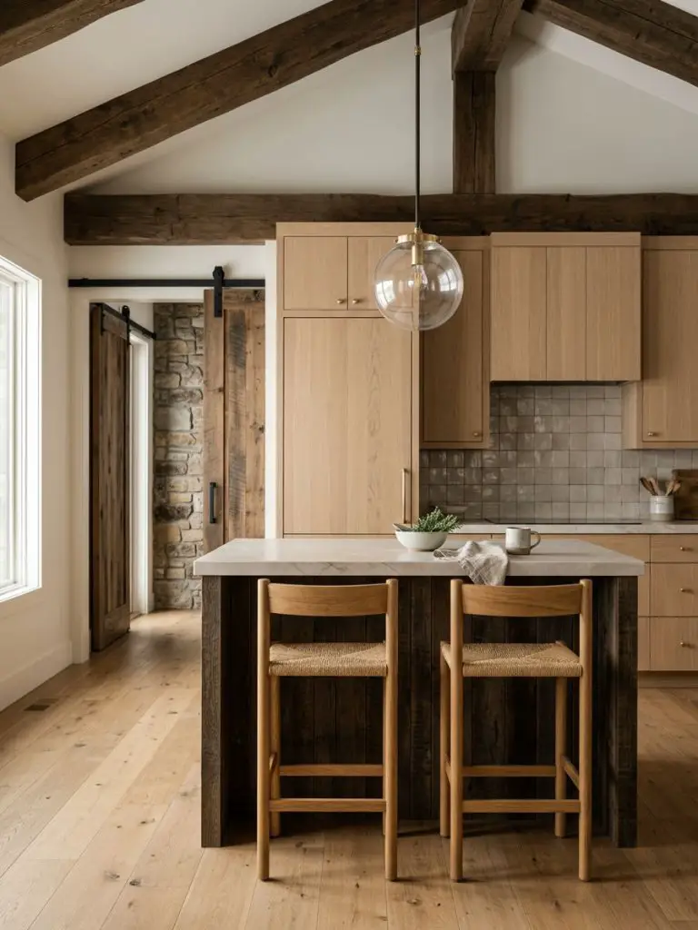 A rustic contemporary kitchen nook designed in warm minimalist mountain style with layered natural wood textures.