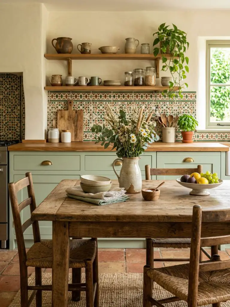 A rustic colorful boho kitchen with soft green cabinetry, patterned tile backsplash, and a central wooden table.