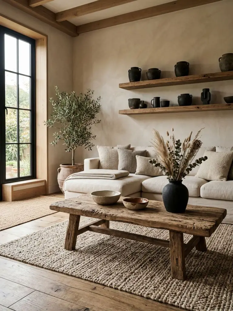 A rustic natural minimalist living room centered around a reclaimed wood coffee table with raw organic texture.
