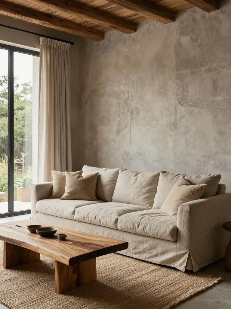 A rustic minimalist living room anchored by a soft linen sofa positioned along a textured concrete wall.