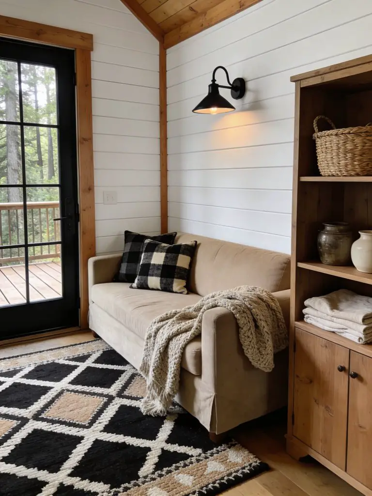 A welcoming rustic modern cabin entry lounge designed with cozy farmhouse elements and neutral textures.
