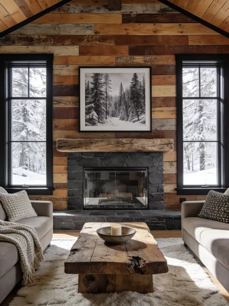 A rustic modern cabin living room centered around a striking fireplace wall constructed from mixed reclaimed wood planks in warm oak, walnut.