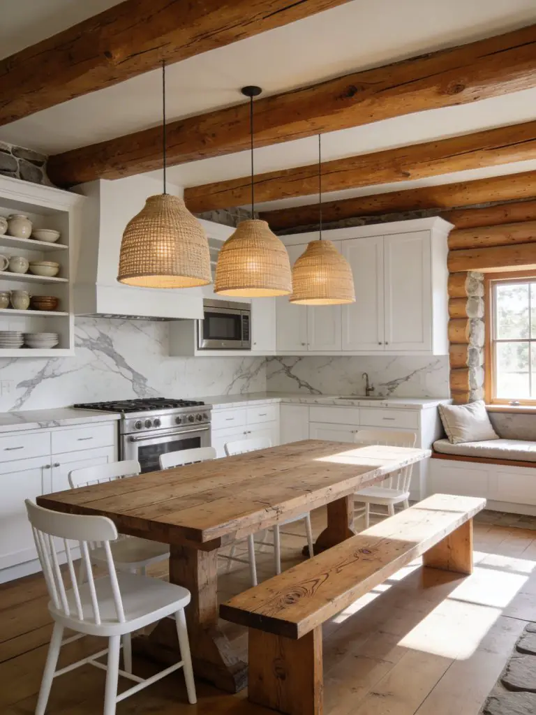A bright rustic modern log cabin kitchen that blends Scandinavian simplicity with traditional lodge materials.