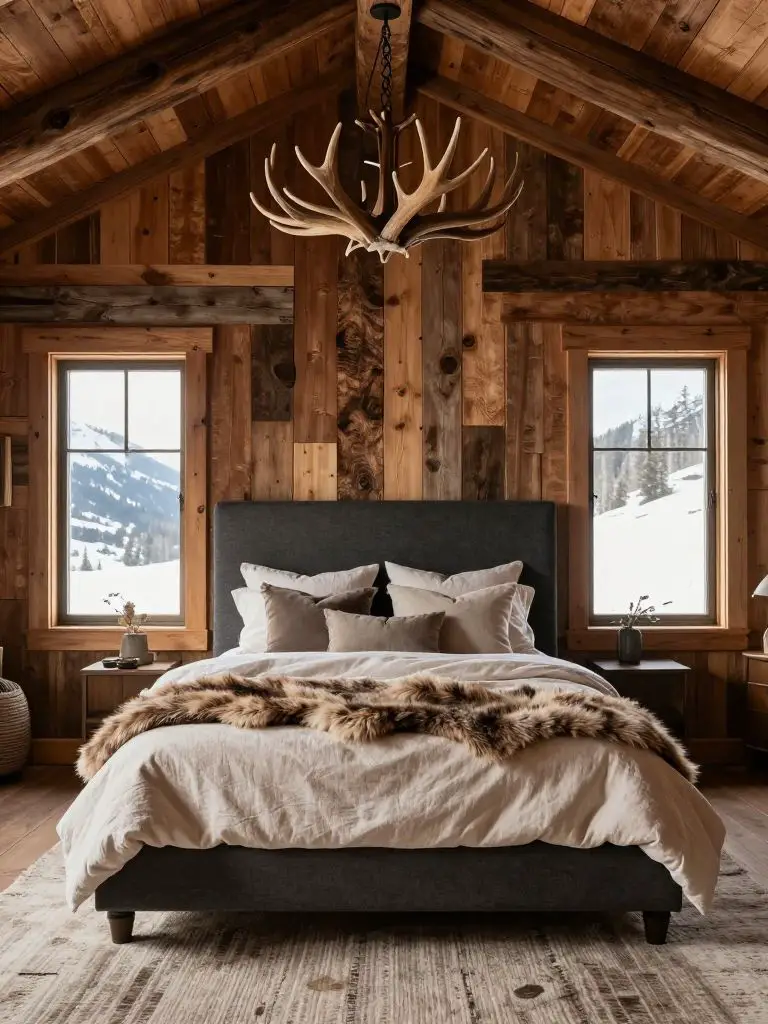 A cozy rustic mountain bedroom featuring a dramatic reclaimed wood plank accent wall behind a plush upholstered bed.