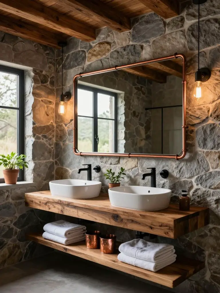 A rustic modern mountain bathroom featuring textured stone tile walls, exposed timber ceiling beams, and warm industrial accents that create.