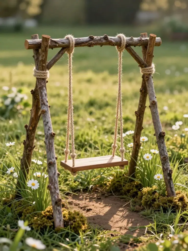 Create a rustic fairy garden swing made from natural twigs and rope set within a grassy garden bed.