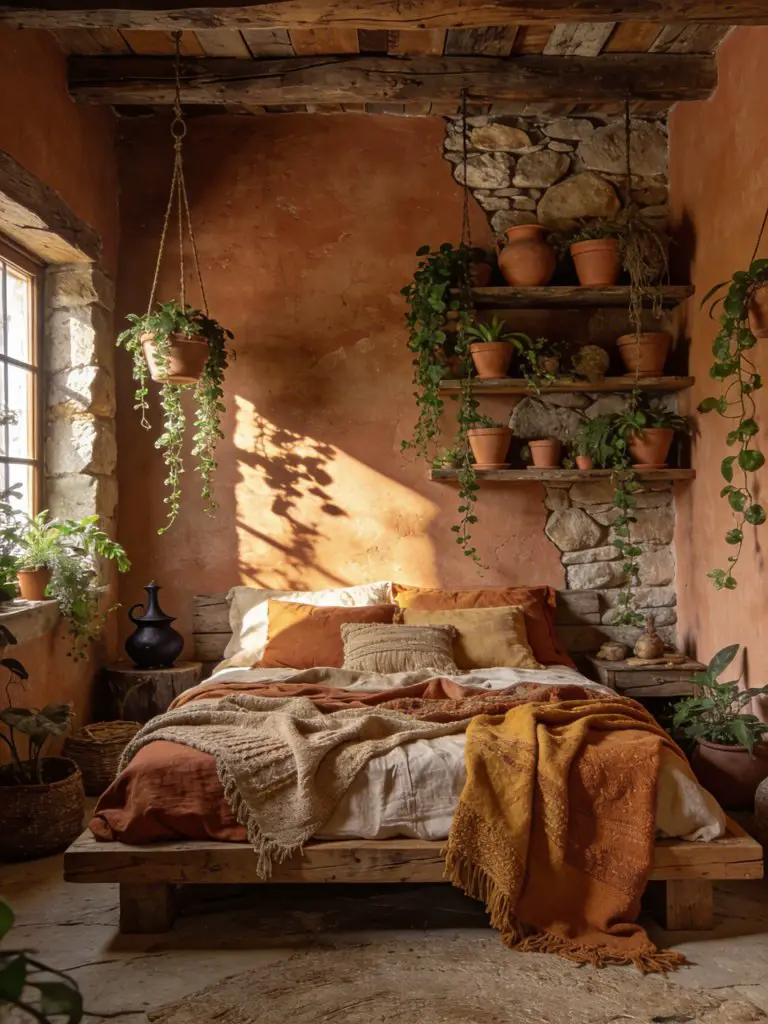 A rustic witchy bedroom with terracotta plaster walls and exposed wooden beams, blending bohemian and farmhouse elements.
