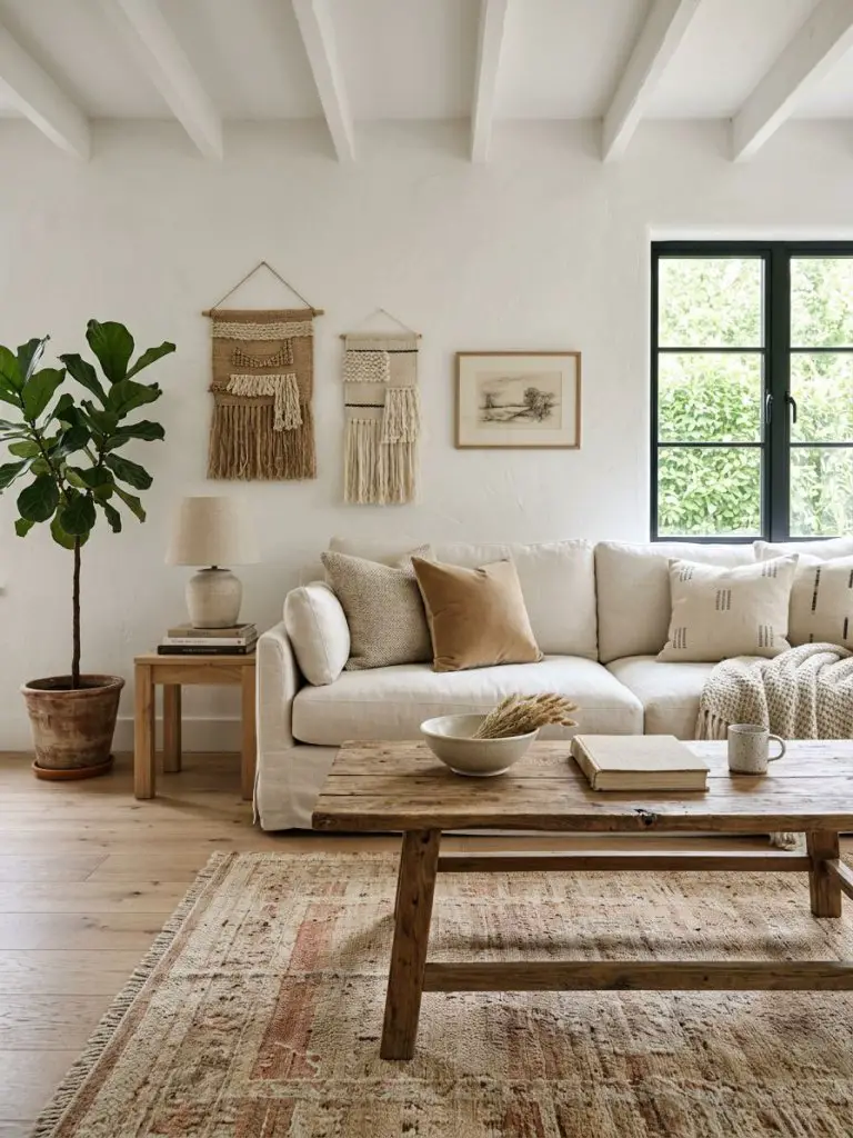 A bright natural minimalist living room styled with rustic organic textures and soft neutral tones inspired by Scandinavian and modern rusti.