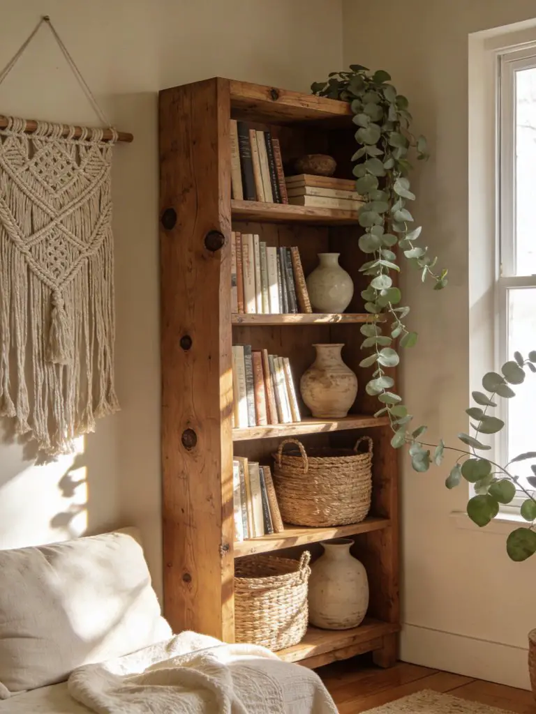 A warm rustic bookshelf styled with greenery in a cozy living room corner.