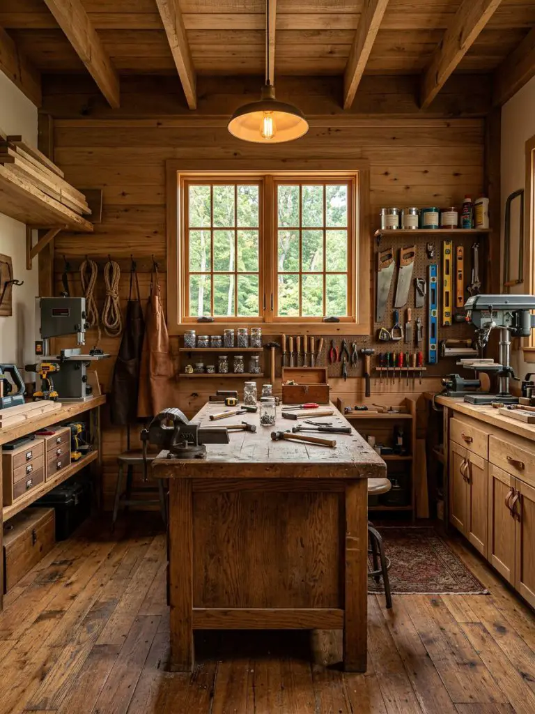 A rustic workshop-style bonus room with wood-paneled walls, workbenches, and tools.
