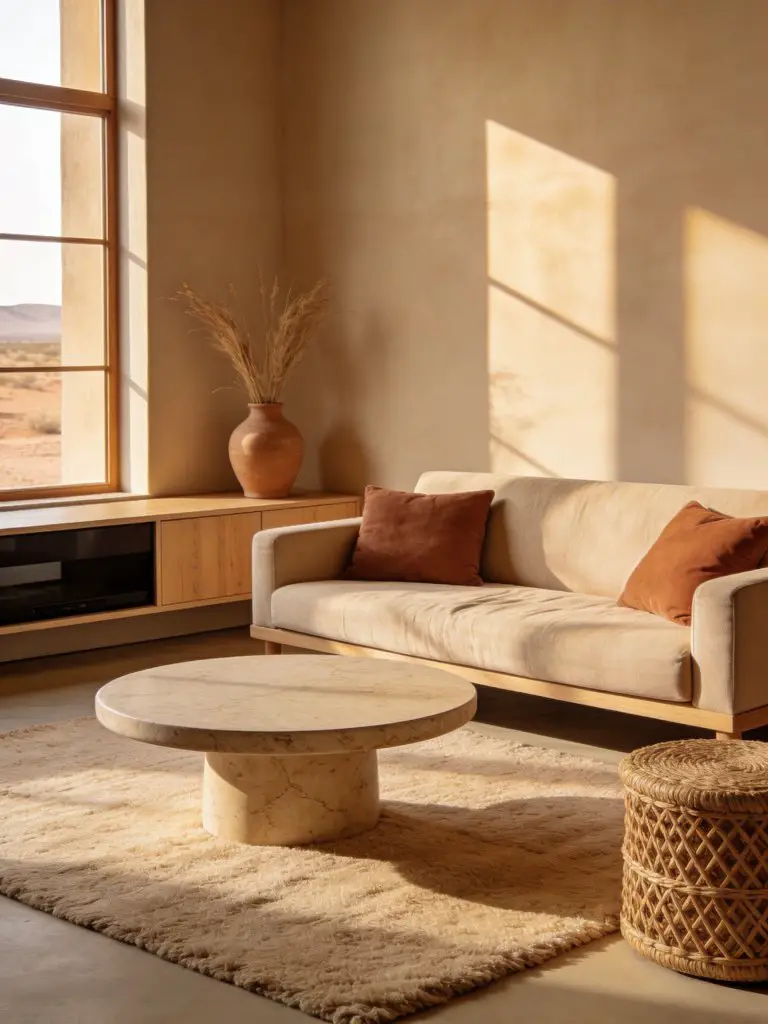 Earthy minimalist living room designed with a sand and clay neutral color scheme inspired by warm desert tones.