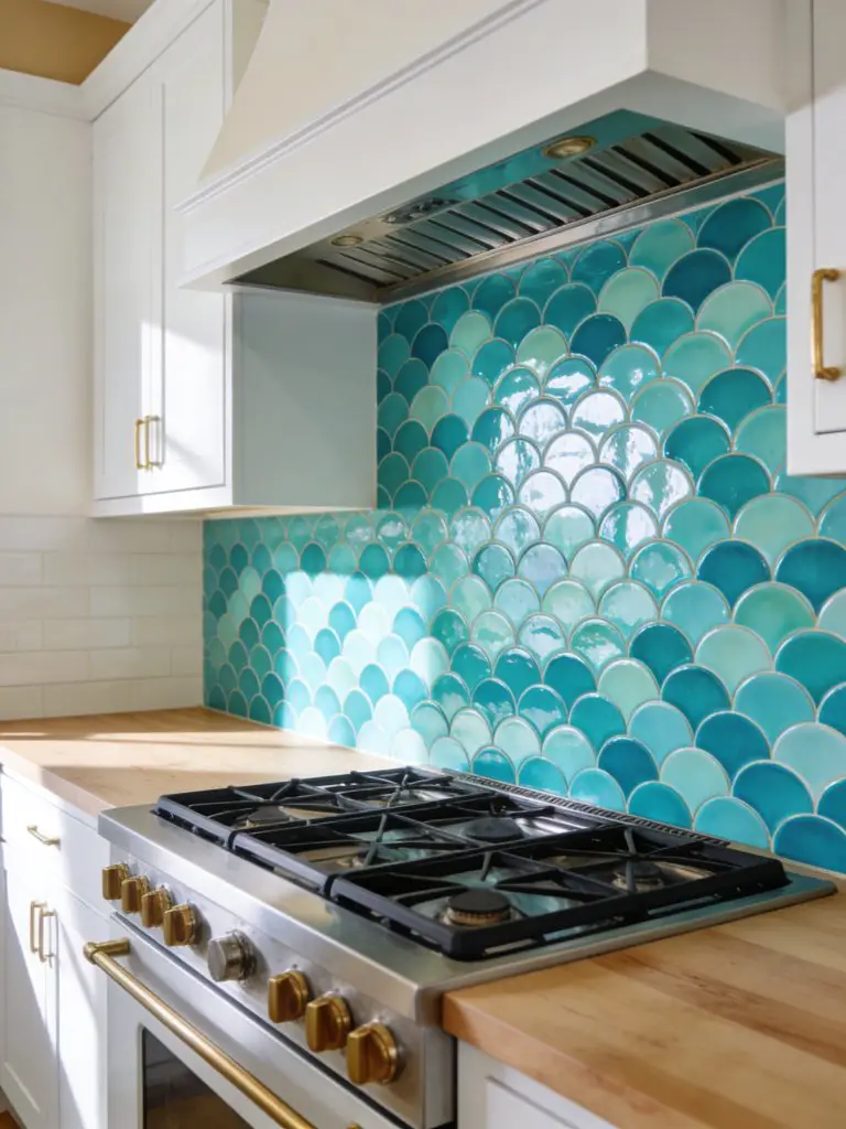 A coastal-inspired kitchen featuring a scalloped fish-scale tile backsplash in vibrant turquoise and aqua tones.