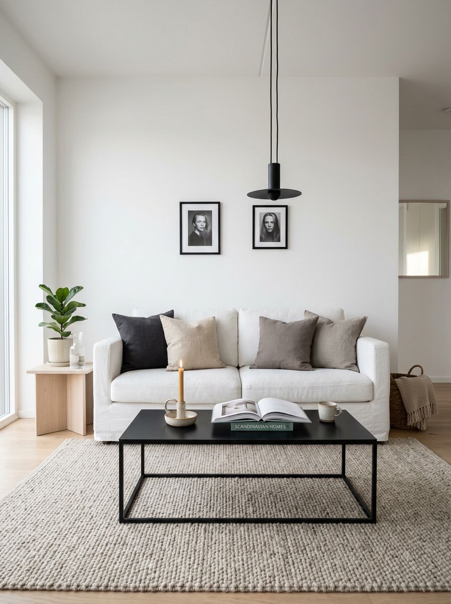 A serene Scandinavian-inspired black and white minimalist living room emphasizing soft textures and calm styling.